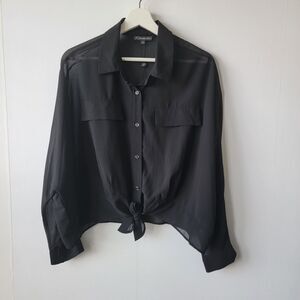 Adrianna papell women's botton up tie waite shirt sz L dark romantic long sleeve